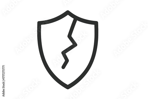 Broken shield icon representing vulnerability and risk. Concept of failed security, data breach, system attack, and danger. Minimalistic linear pictogram for cybersecurity themes.