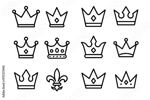 Royal crown line icon set. Outline signs for graphic and web design. King, queen, princess symbols. Monarchy, power, luxury concepts. Heraldic fleur-de-lis vector logo.