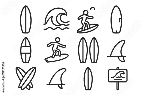 Surfing line icon set. Summer water sports vector collection with surfboard, ocean wave, and surfer symbols. Editable stroke for UI, web design, and mobile apps. Beach life.