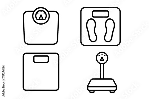Floor scale icon set. Weight measurement. Body mass control. Health and fitness. Diet and losing weight. Vector line art symbols. Outline bathroom scales pictogram collection.
