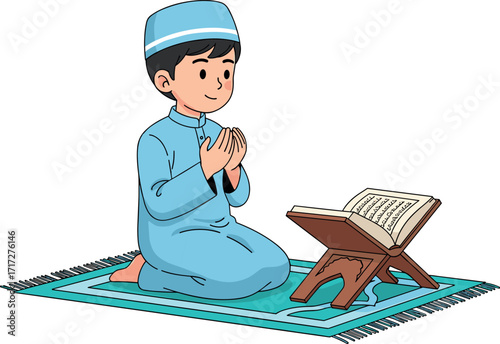 Muslim boy praying on mat with Quran, traditional Islamic attire, religious devotion, peaceful worship, cartoon vector for Ramadan content