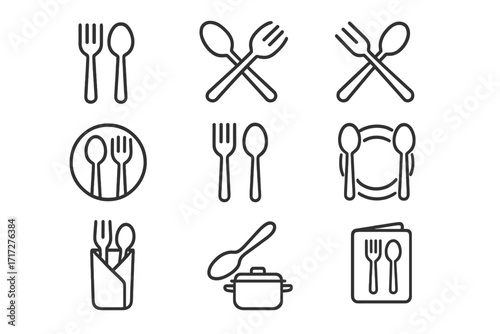 Cutlery line icon set with fork and spoon. Silverware outline symbols for restaurant menu, food app, website. Editable stroke vector graphic for dining, kitchen, and cooking.