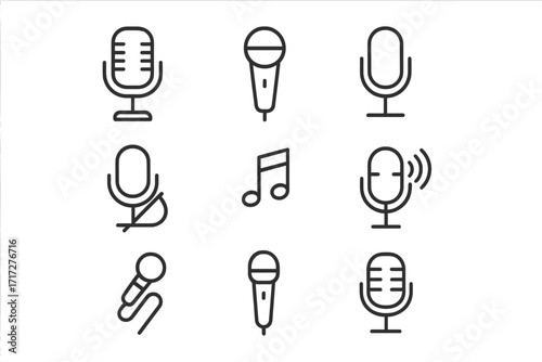 Loudspeaker line icon collection, outline microphone and sound symbols for graphic design, web, apps, adverts, communication, audio technology, transparent background vector