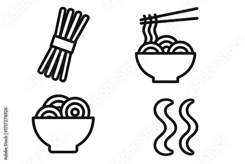 Noodle outline icon set, vector cartoon illustration of noodle bundle, steaming hot bowl of noodles with chopsticks, noodle dish concept for graphic design, apps, adverts, menus