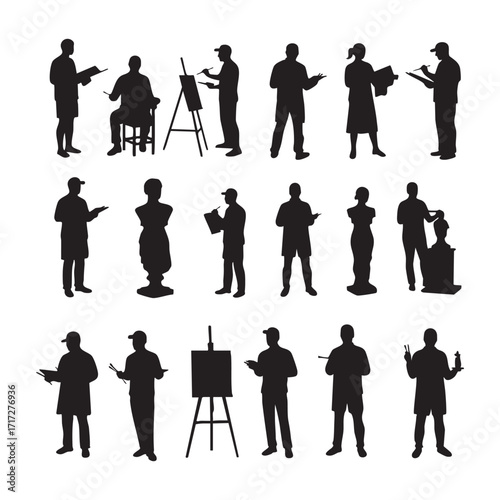 Collection of artist silhouettes engaged in creative work isolated on white background silhouette