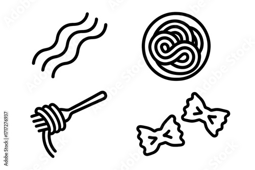 Noodle outline vector icons set, spaghetti fork swirl, round pasta plate, farfalle bow tie pasta, cartoon style illustration for food design, cooking, cuisine, delivery, menu, recipe