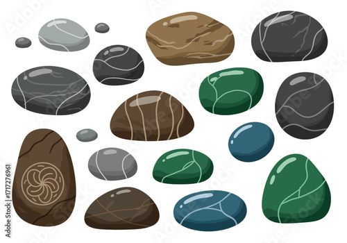 Collection of Smooth Cartoon Stones with Various Colors and Textures.
