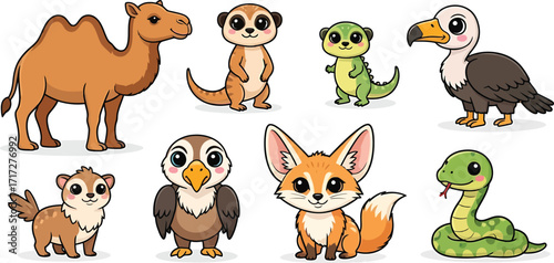 Cartoon animals including camel and desert fox on transparent background
