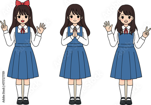 Three Cartoon Schoolgirls in Uniform Making Hand Gestures – Cute Anime Style Characters for Education, Youth, Friendship, and Lifestyle Concepts