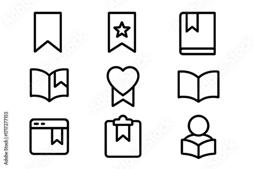 Reading icon collection with bookmark symbols, book and browser tab icons, heart and star bookmarks, user reading graphic concept, app UI vector set with transparent background