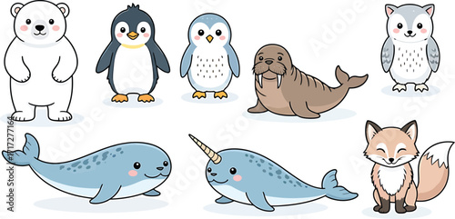 A collection of cute arctic animals illustration on transparent background