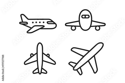 Airplane icon set with four vector line art airplane illustrations, simple outline style, aviation, aircraft symbols for travel, transport, aeronautics, flying concepts