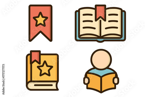 Reading icon pack with bookmarks and book symbols, vector cartoon illustration set for apps, graphics, education, concept, transparent background, ordered collection of educational icons