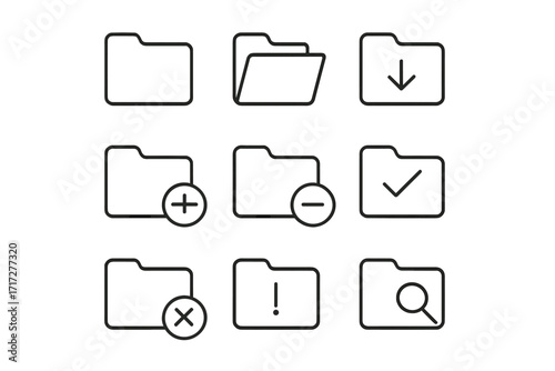Set of minimalistic line folder icons for web, graphic design, apps, banners, social networks, cards, digital files, user interface, vector linear pictograms