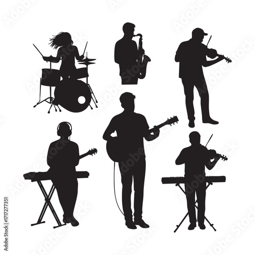 Collection of musician silhouettes playing instruments isolated on white background silhouette