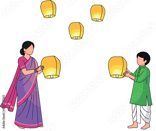 Traditional festival celebration with sky lanterns, man and woman in ethnic attire releasing lanterns during cultural event on white background