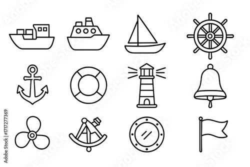 Set of nautical ship line icons, marine outline symbols for graphic design, web, apps, adverts, sailing, maritime navigation, boats, sea travel, vector illustration
