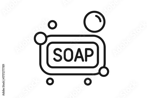 Modern soap icon in outline style for design, cards, apps, social media, healthcare hygiene, bathroom essentials, vector cartoon illustration with bubbles, transparent background, clean set