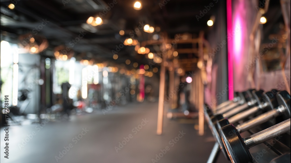 Obraz premium Modern fitness space featuring a single weight rack with clean lines, metallic surfaces, and soft overhead lighting.