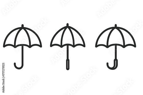 Umbrella parasol bumbershoot vector isolated line icon set for graphic design, websites, cards, books, articles, protection, rain gear, sunshade, transparent background