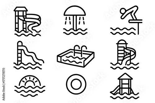 Water park and aquapark icons set with swimming pool, diving, slides, water sprays, and float ring. Line art symbols for graphic design, web, apps, and advertising vector illustration