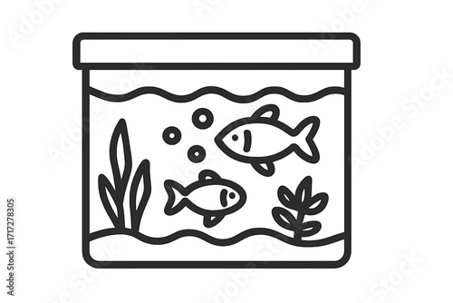 Aquarium line icon with two fish and aquatic plants. Vector illustration of a fish tank for pet shop concepts. Simple outline design of underwater life with bubbles and seaweed.
