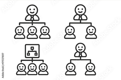 Business organization chart icon set. Corporate hierarchy structure with manager and employees. Team management and leadership concept. Vector outline flowchart symbols for infographic.