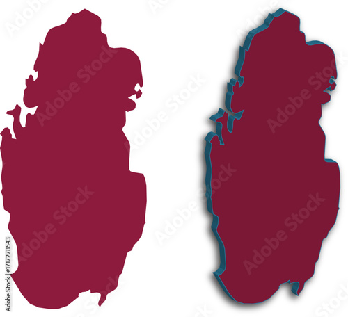 Flat and 3D vector map of Qatar in maroon color