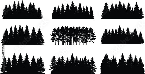 Set of evergreen pine tree forest silhouette vector illustrations with natural woodland landscape design, black conifer trees isolated on white background.