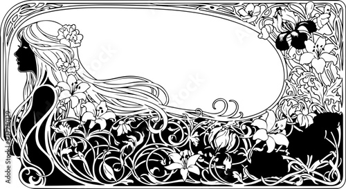 Canvastavla Elegant Art Nouveau woman silhouette with flowing hair and intricate floral details creates a stunning, timeless decorative frame for any design project