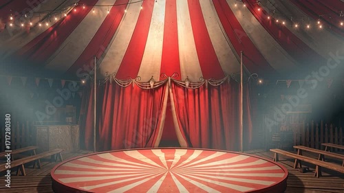 An empty vintage circus tent with red and white stripes, wooden benches, and stage lights