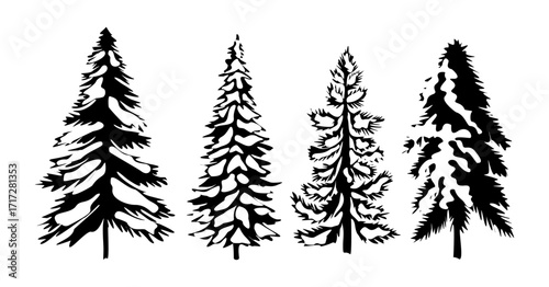 Set of different pine and fir tree silhouettes covered with snow. Black flat vector illustrations isolated on transparent background, ideal for winter, forest, and Christmas design projects