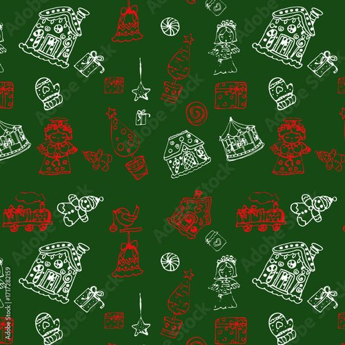 pattern con icone natalizie bianche e rosse su sfondo verde 