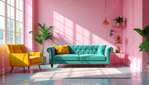 Colorful living room with a turquoise sofa and a yellow armchair