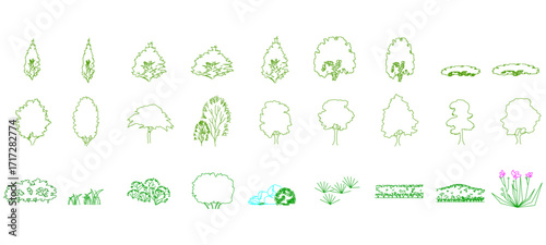 front View Vector Icons of Trees and Plants for Floor Plan and Architectural Design Projects	