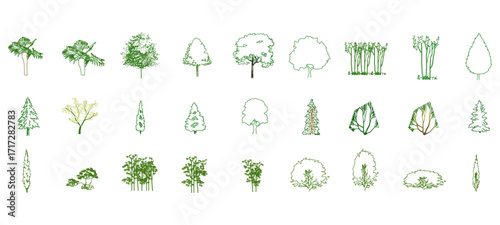 front View Vector Icons of Trees and Plants for Floor Plan and Architectural Design Projects	