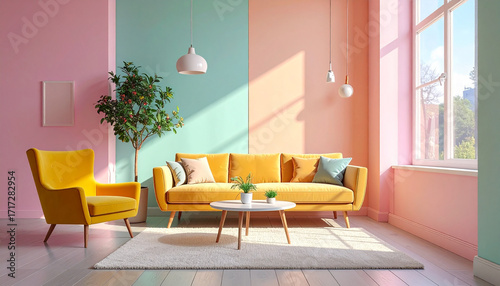 Modern pastel living room with a yellow sofa and a two-tone wall