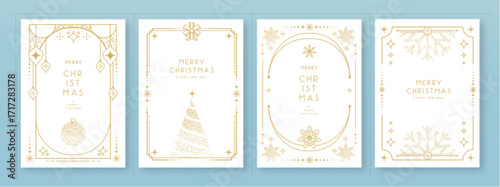 Set of modern Christmas frames or holiday greeting cards on white background. Line art vector illustration