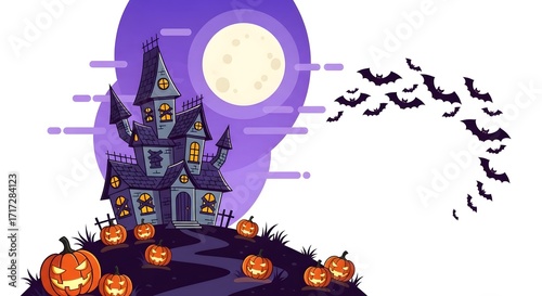 Spooky haunted house with a full moon and flying bats in the night sky, a perfect background for a Halloween party invitation