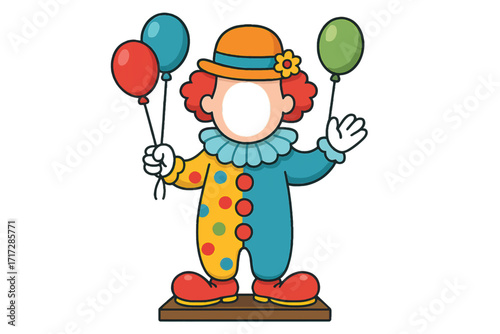 Playful vector clown character in colorful costume with frame board, carnival or circus themed illustration.
