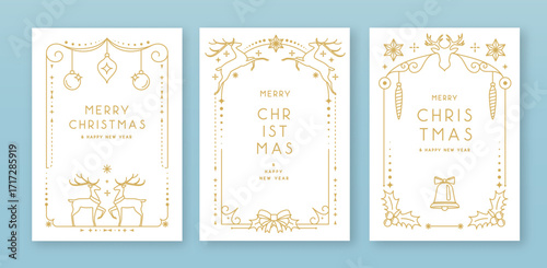 Set of modern Christmas frames or holiday greeting cards on white background. Line art vector illustration