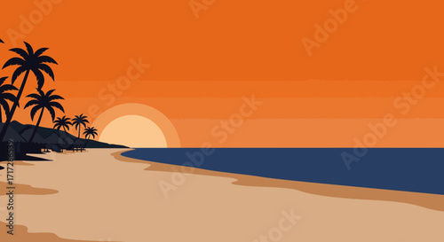 Beautiful tropical beach at sunset with palm trees and calm ocean waves, a serene coastal landscape