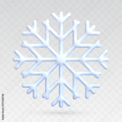 Beautiful 3d plastic white snowflake isolated on transparent background. Christmas holiday decoration. Vector illustration