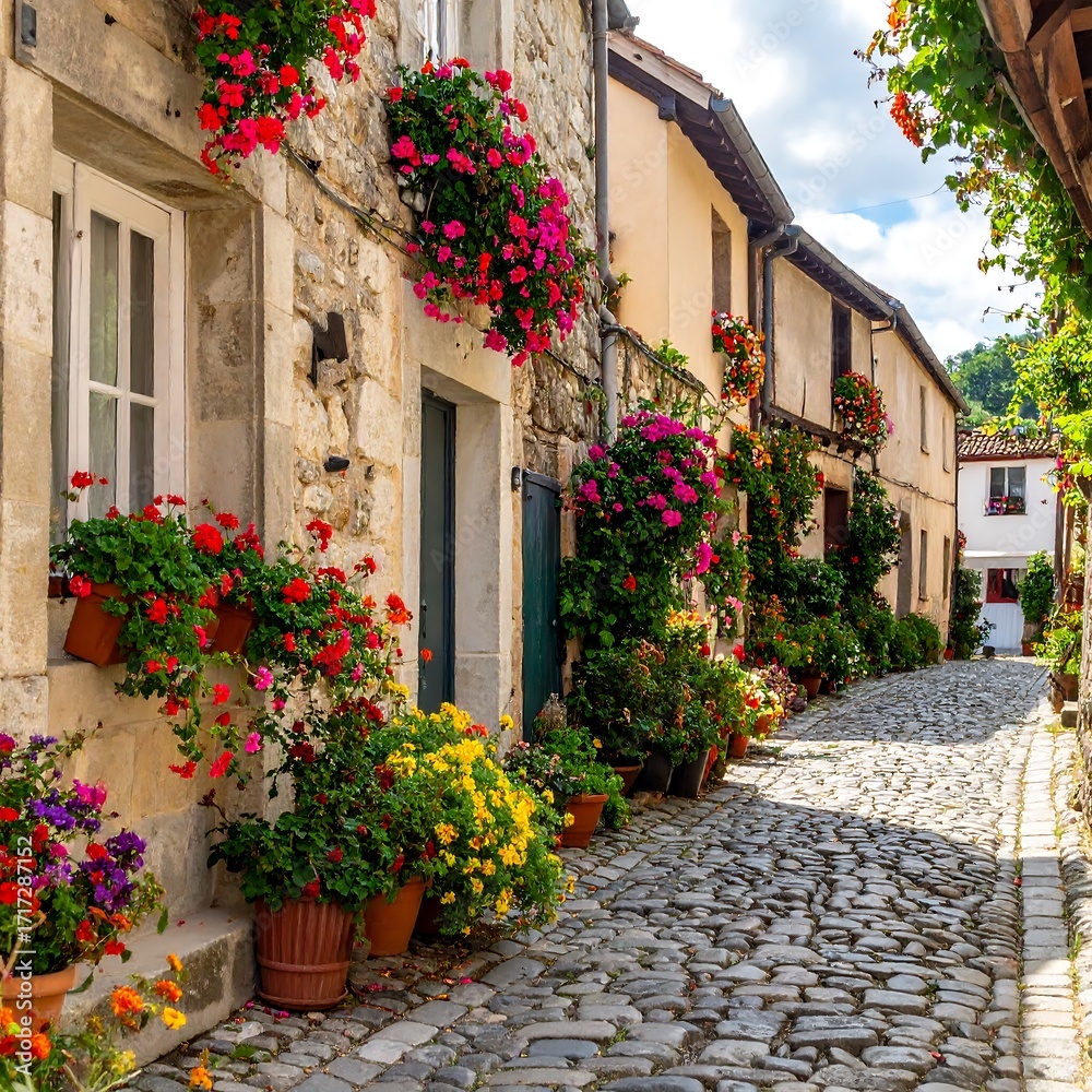 Fototapeta premium Charming European Alleyway with Flowers.
