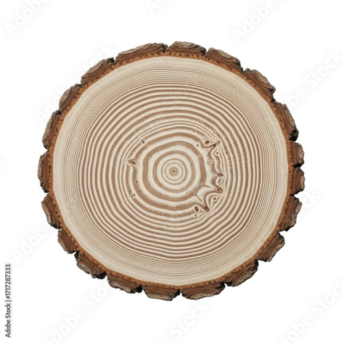 Detailed, photorealistic tree trunk cross-section, intricate annual rings, rough bark, isolated on transparent, copy space, top-down, natural texture study.