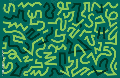 Abstract green line pattern in a retro 80s doodle style. Hand drawn seamless background with chaotic shapes and scribbles for vibrant wallpaper or fabric designs.