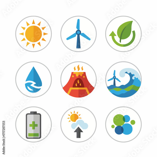 Clean renewable energy sources flat icons set for a sustainable future