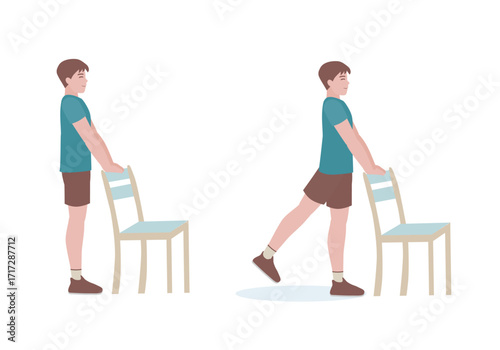 Exercises that can be done at-home using a sturdy chair.
with Back Kicks posture. Illustration in cartoon style.