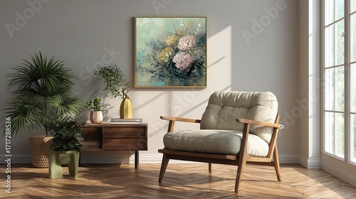 A framed painting of flowers is hanging on the wall above a wooden chair