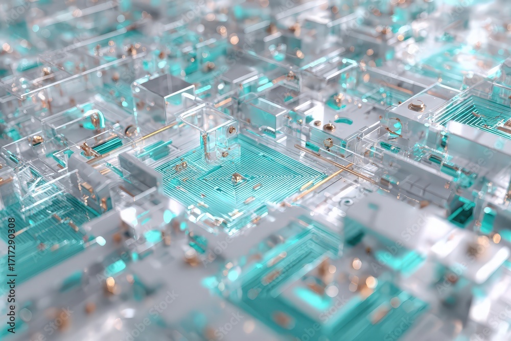 Obraz premium Encrypted cloud storage visualized with circuit lock pattern, chrome silver and aqua, clean digital design